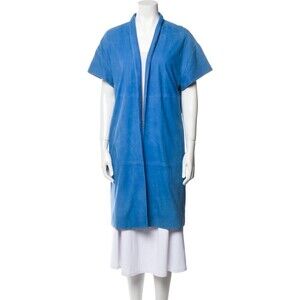 Alice + Olivia Blue Lambskin Leather Long Coat Medium Large  Pockets Short Sleev